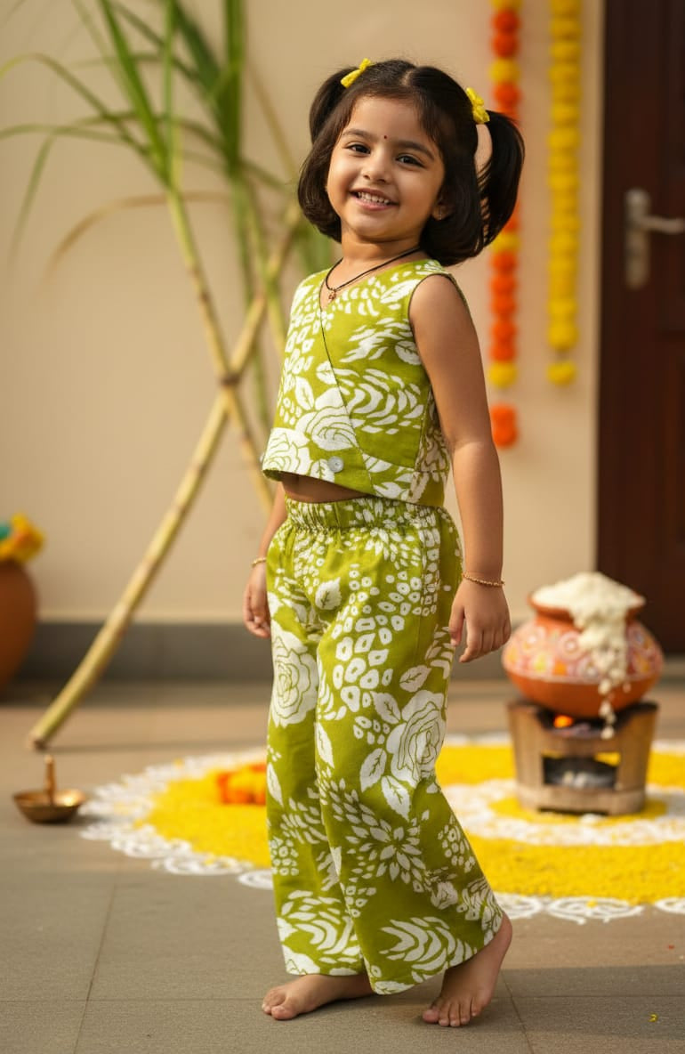 Twinkle - CP057- GREEN FLORAL CROP TOP AND ANKLE LENGTH PANT