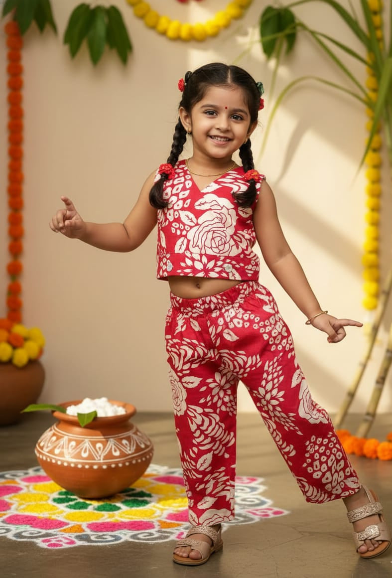 Twinkle - CP056-HOT PINK FLORAL CROP TOP AND ANKLE LENGTH PANT