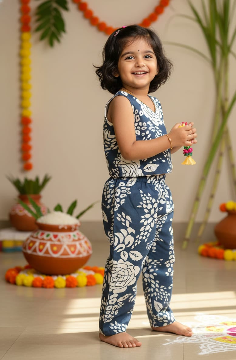 Twinkle - CP059- BLUE FLORAL CROP TOP AND ANKLE LENGTH PANT