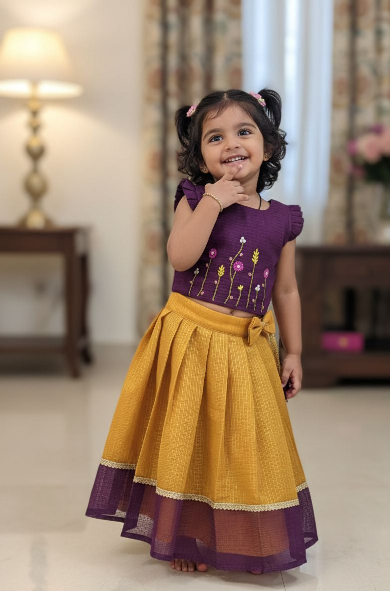 BABY BLOOM - CP069-PURPLE &YELLOW KOTA DORIA SKIRT SET