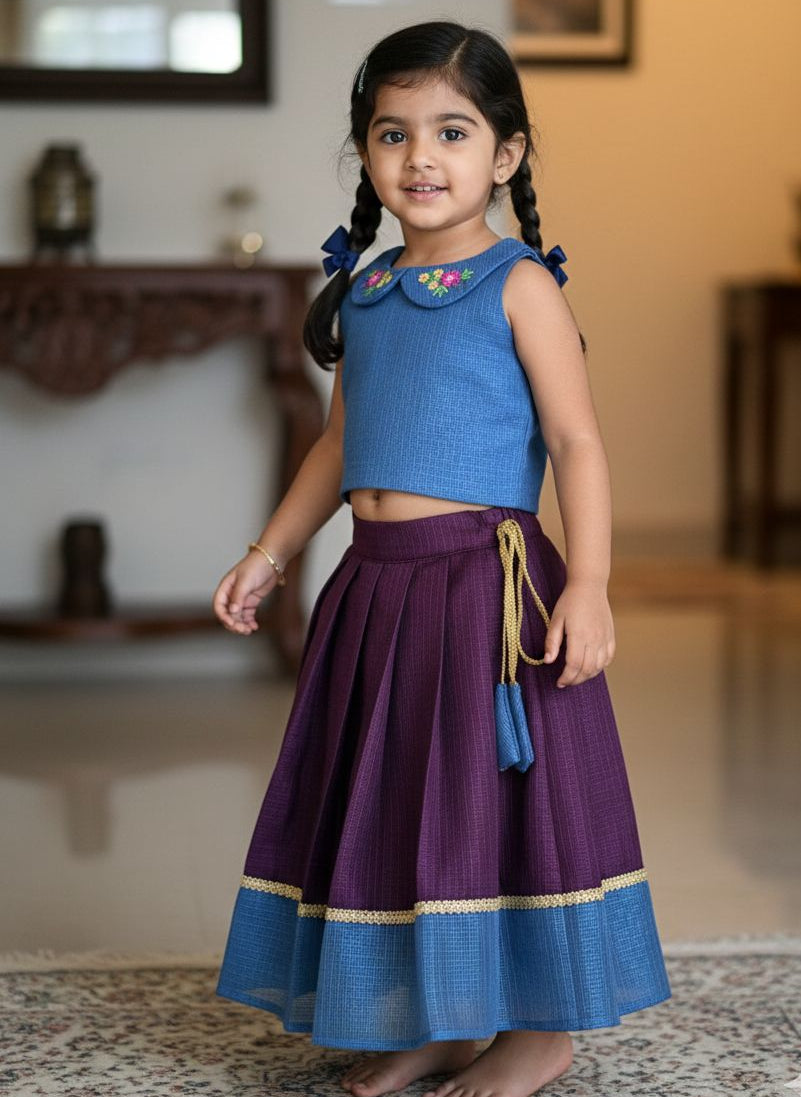 BABY BLOOM - CP072-BLUE & PURPLE KOTA DORIA SKIRT SET