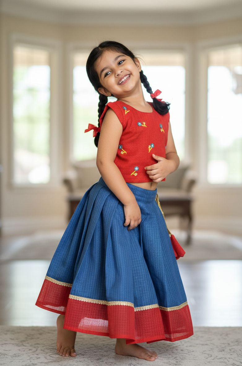 BABY BLOOM - CP071-RED & BLUE KOTA DORIA SKIRT SET