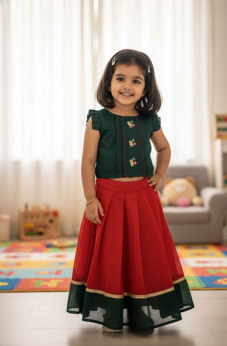 BABY BLOOM - CP070-GREEN & RED KOTA DORIA SKIRT SET