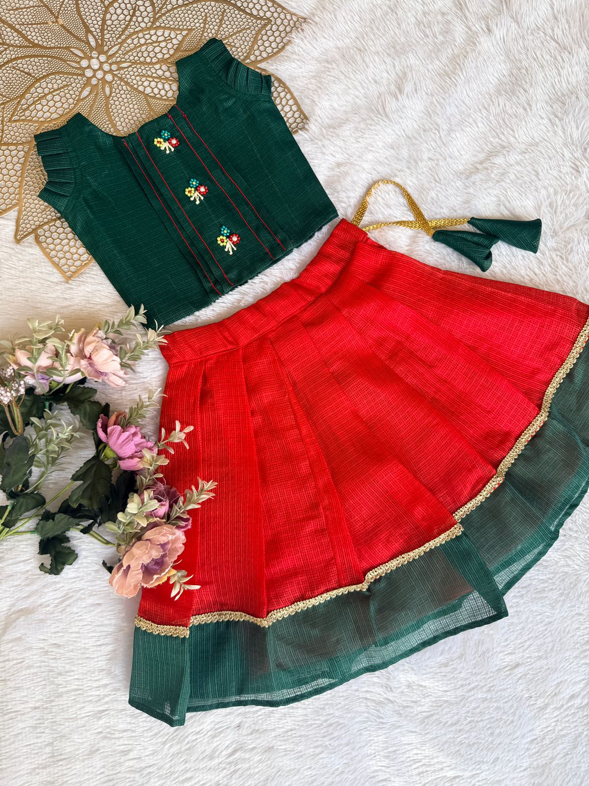BABY BLOOM - CP070-GREEN & RED KOTA DORIA SKIRT SET