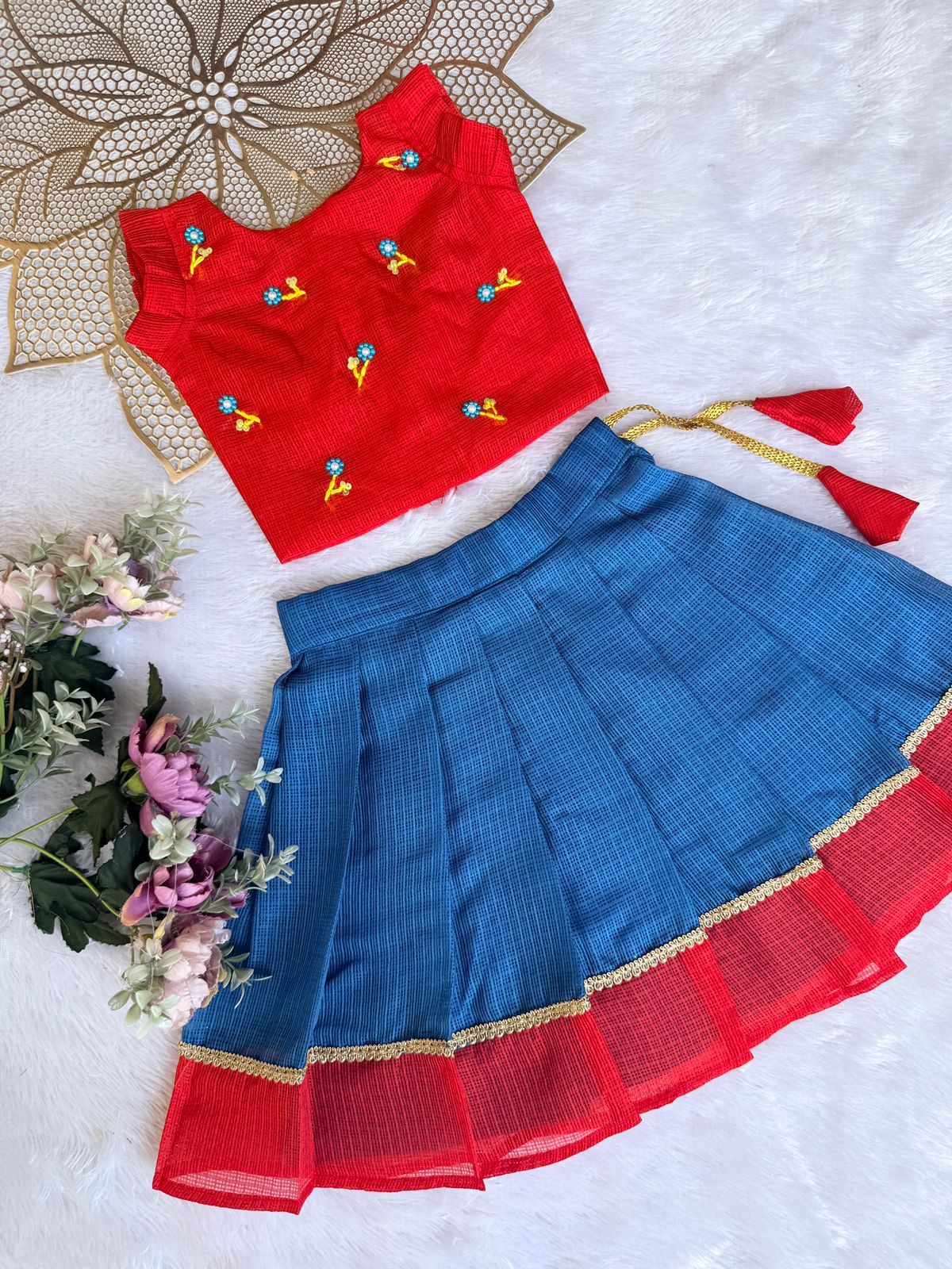 BABY BLOOM - CP071-RED & BLUE KOTA DORIA SKIRT SET