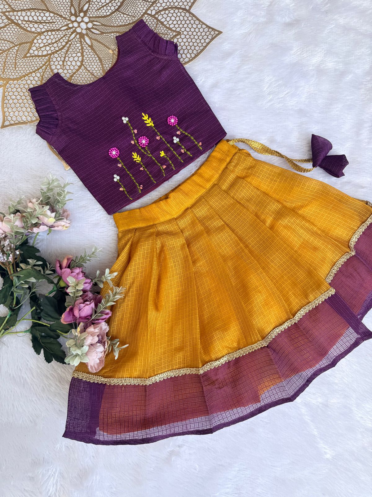 BABY BLOOM - CP069-PURPLE &YELLOW KOTA DORIA SKIRT SET