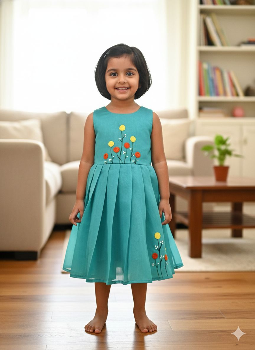 BABY BLOOM CP075-BLUE HAND PAINTED CHANDERI COTTON FROCK