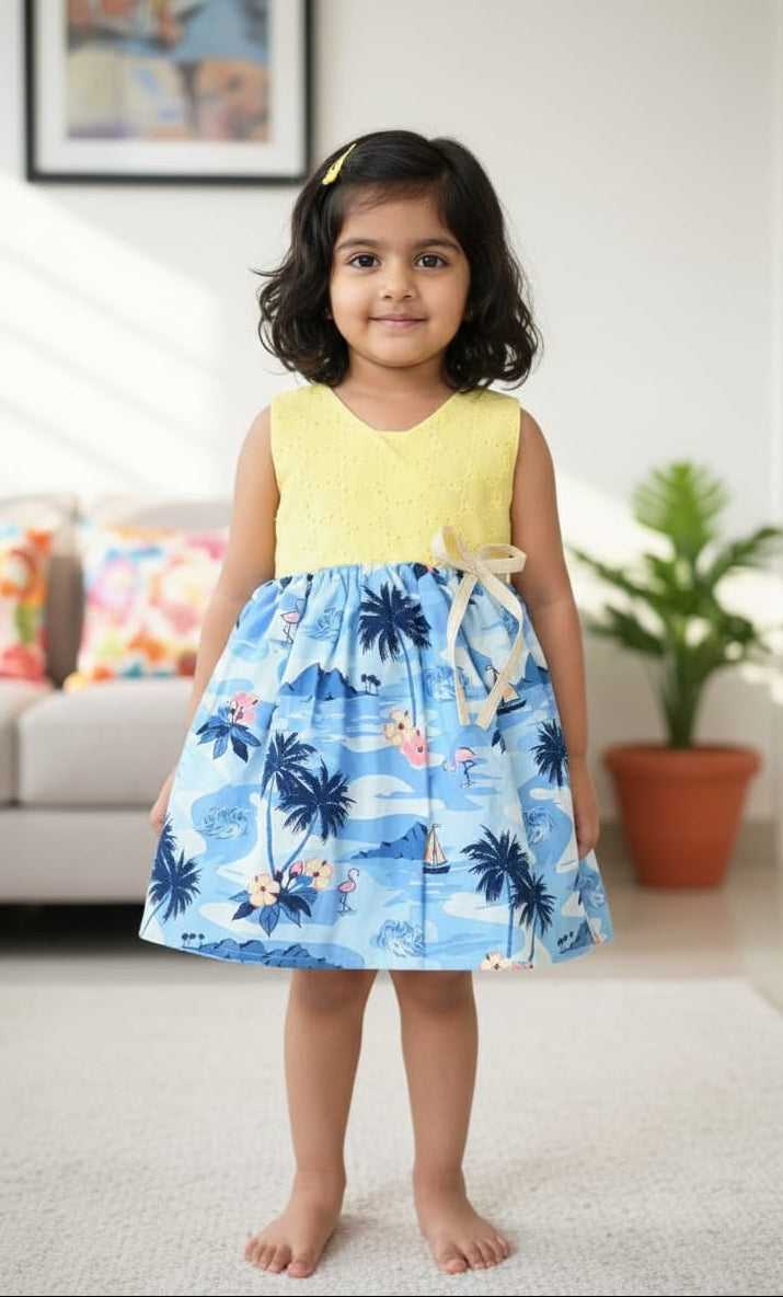 Pongal & Sankranti - CP083 LIME YELLOW HAKOBA WITH BEACH PRINTED FROCK