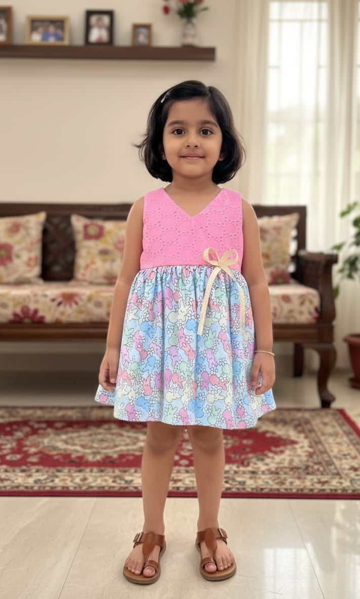 Pongal & Sankranti- CP079 BABY PINK HAKOBA WITH BUNNY PRINTED FROCK