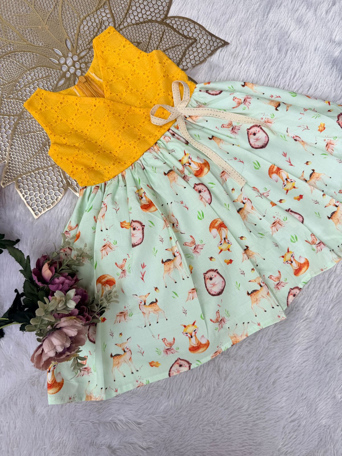 Pongal & Sankranti- CP080 YELLOW HAKOBA WITH ANIMAL  PRINTED FROCK