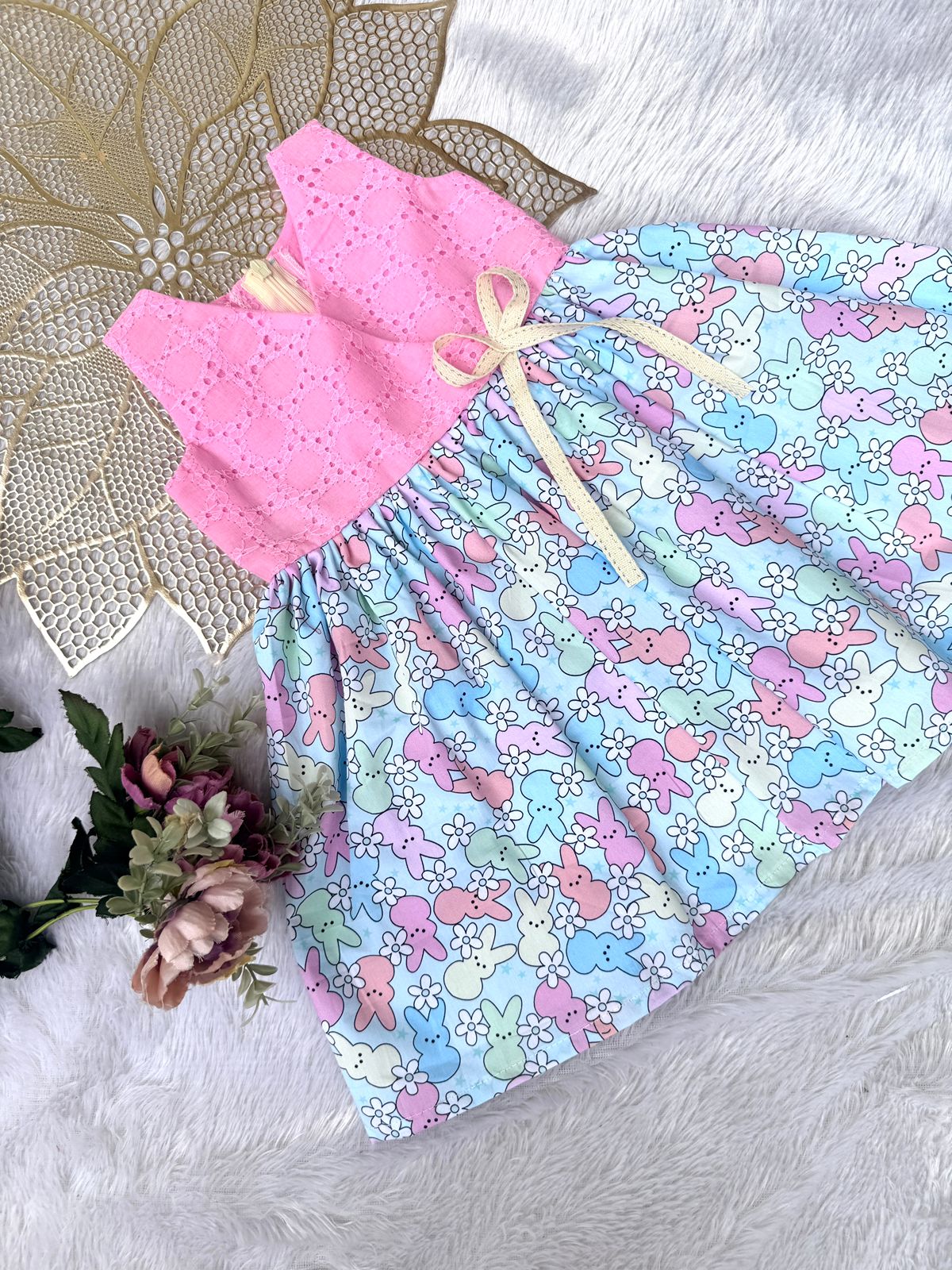 Pongal & Sankranti- CP079 BABY PINK HAKOBA WITH BUNNY PRINTED FROCK