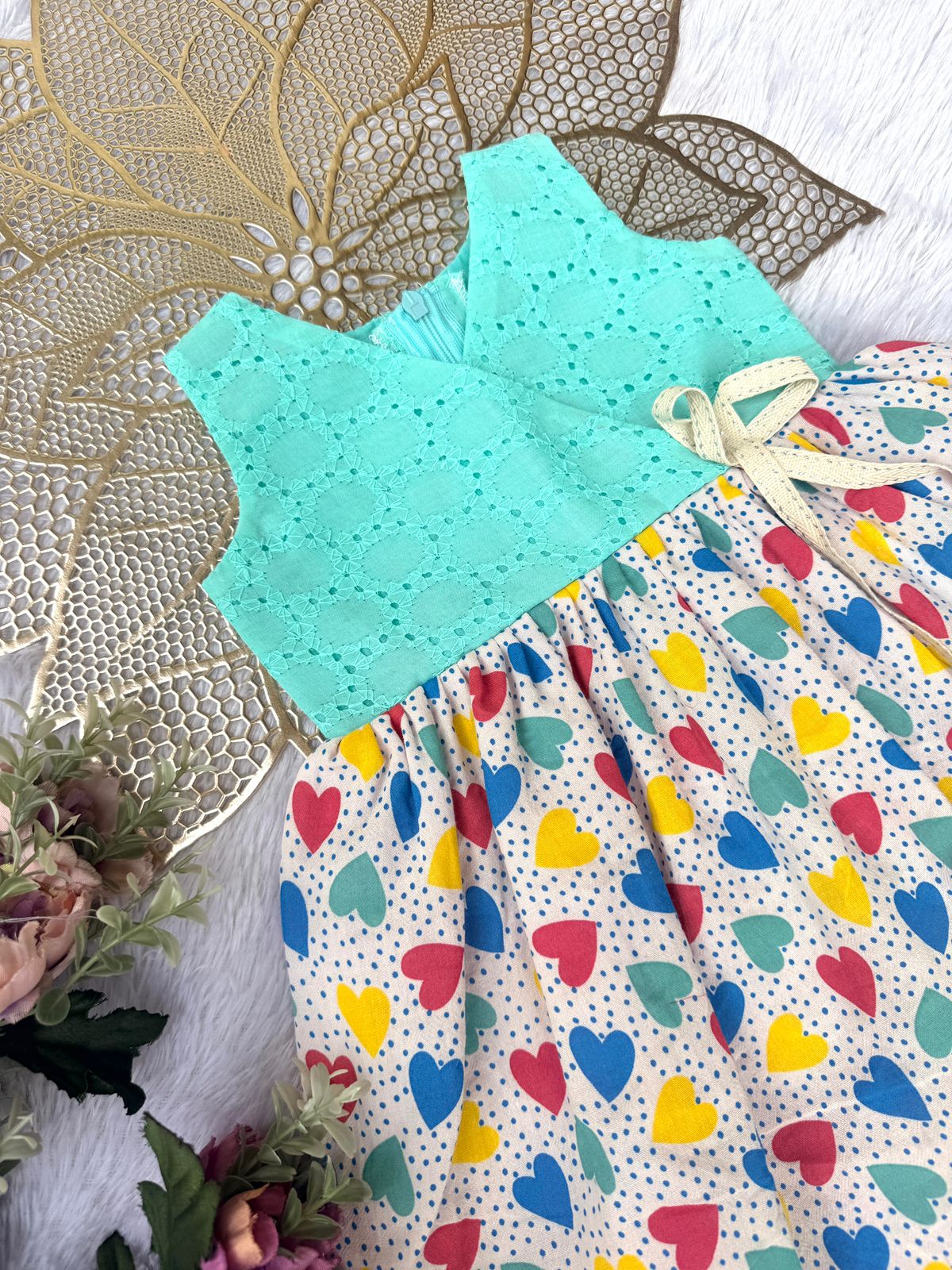 SEA BLUE HAKOBA WITH MULTI COLORED HEART PRINTED FROCK - CP081