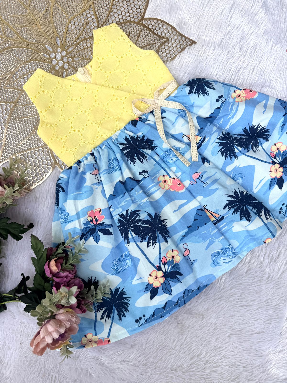 Pongal & Sankranti - CP083 LIME YELLOW HAKOBA WITH BEACH PRINTED FROCK