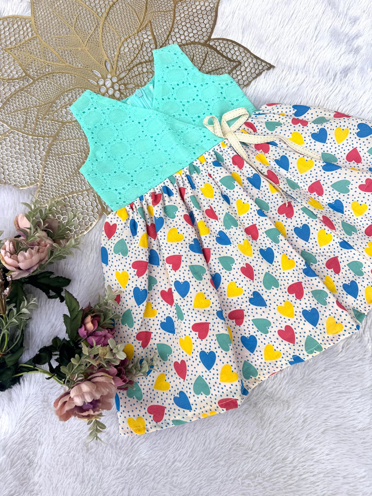 Pongal & Sankranti- CP081 SEA BLUE HAKOBA WITH MULTI COLORED HEART PRINTED FROCK