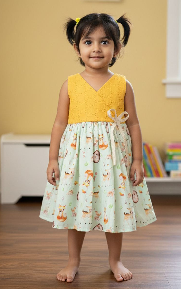 Pongal & Sankranti- CP080 YELLOW HAKOBA WITH ANIMAL  PRINTED FROCK