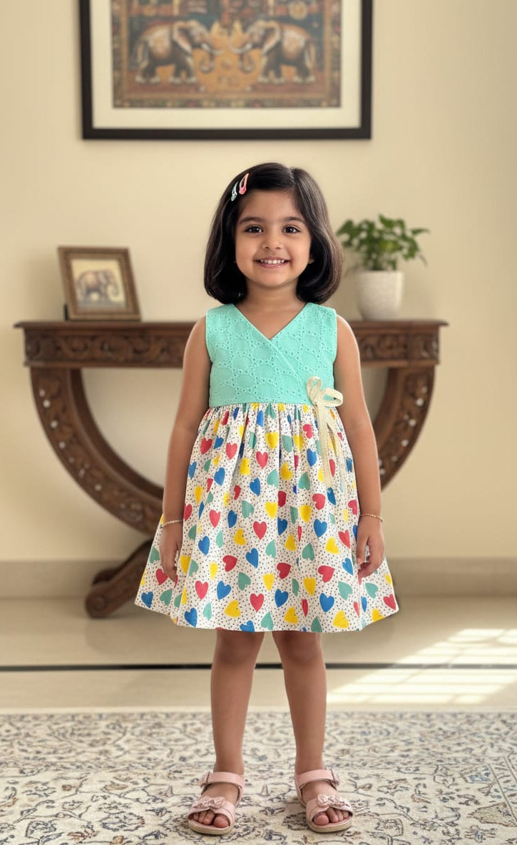 Pongal & Sankranti- CP081 SEA BLUE HAKOBA WITH MULTI COLORED HEART PRINTED FROCK