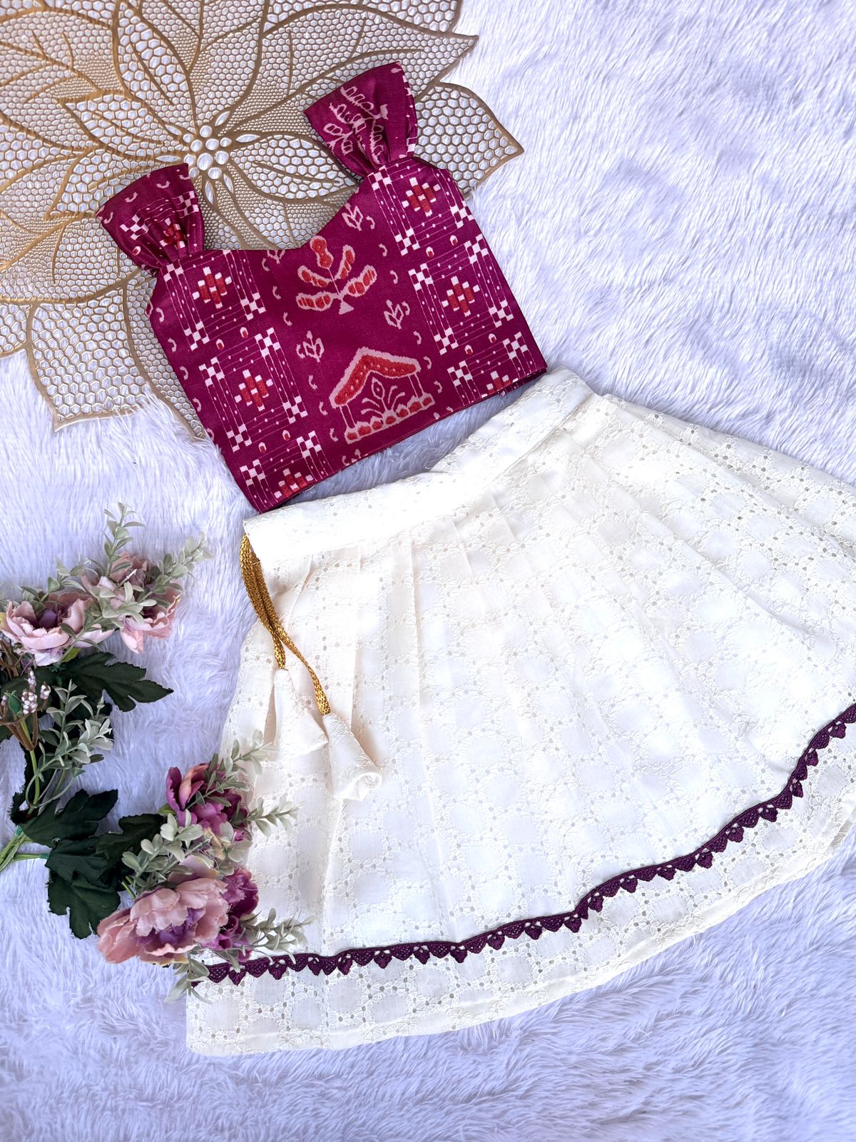 BABY BLOOM-CP086-MAROON PRINTED CROP TOP & HALFWHITE HAKOBA SKIRT SET