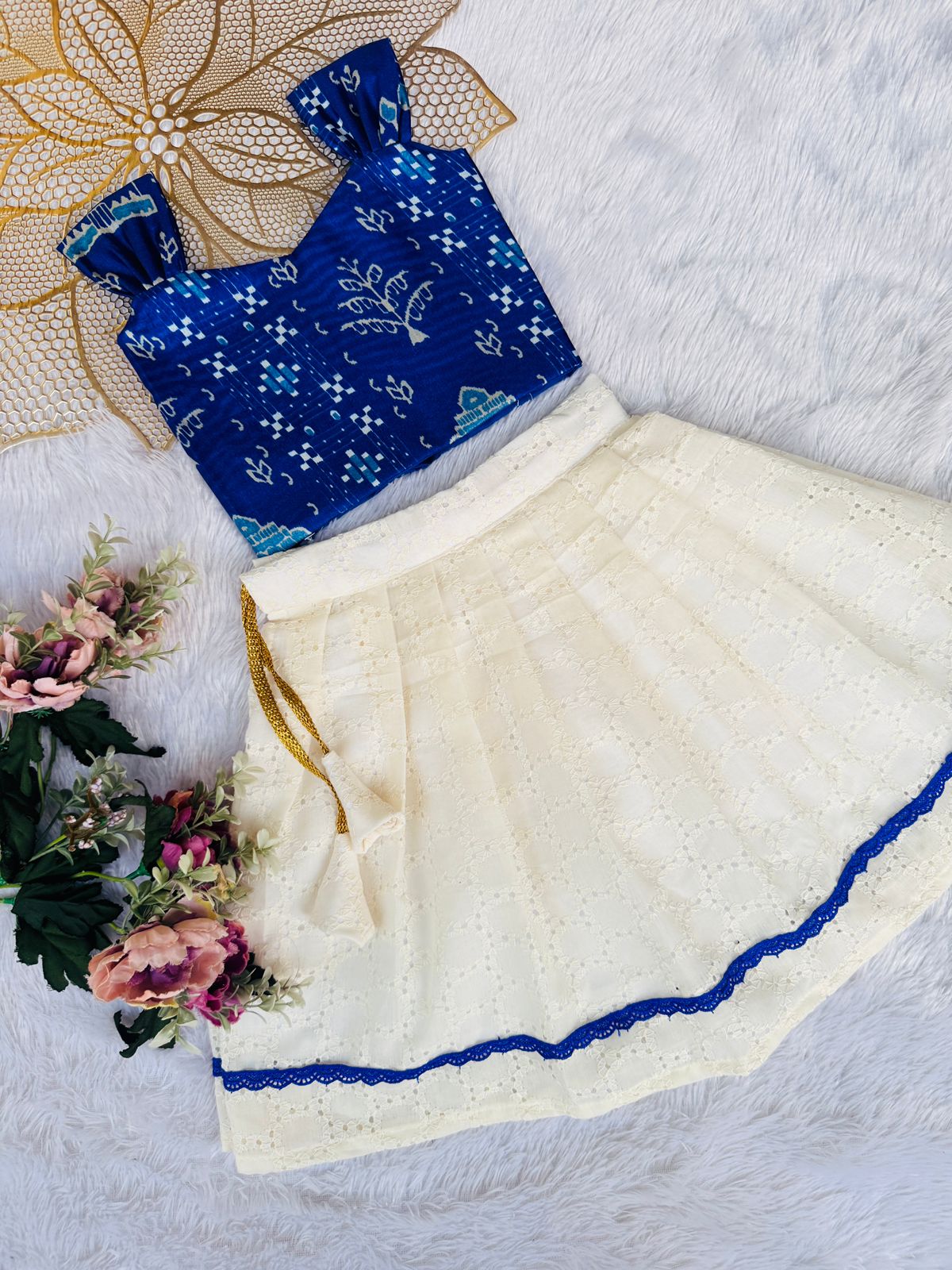 BABY BLOOM-CP085-BLUE PRINTED & HALFWHITE HAKOBA SKIRT SET