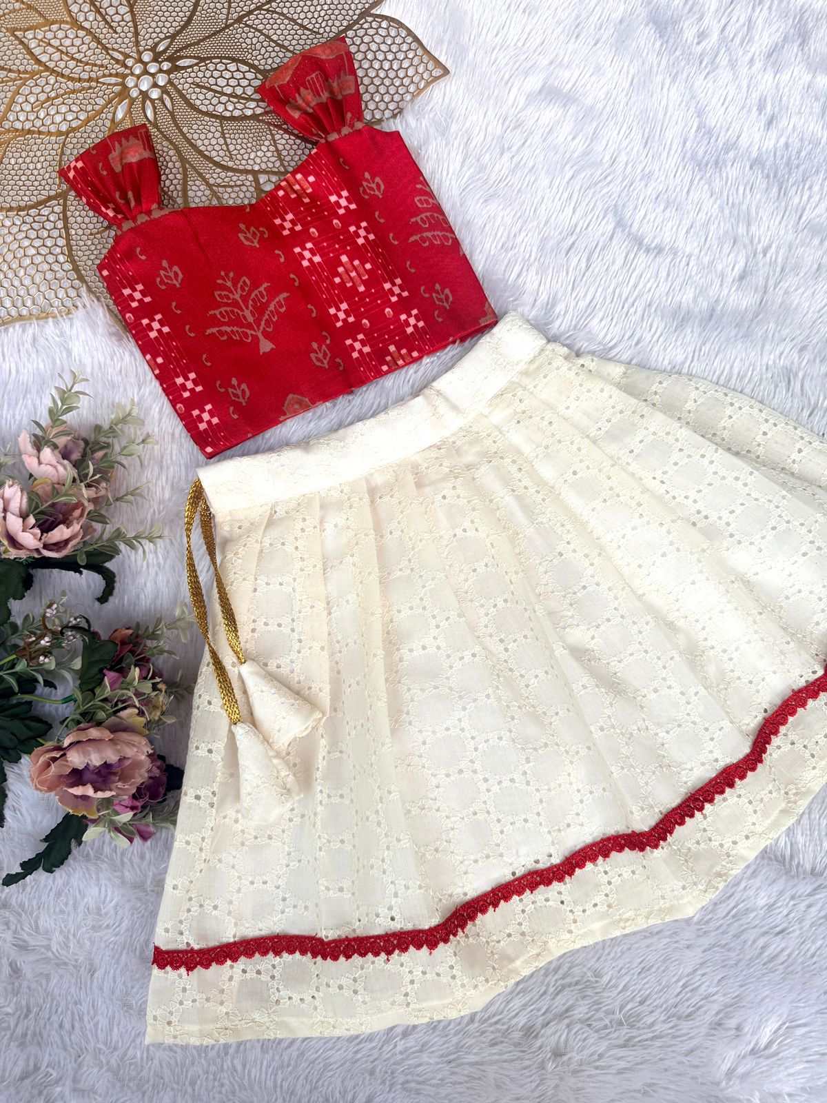 BABY BLOOM-CP084- RED PRINTED CROP TOP AND HALFWHITE HAKOBA SKIRT SET