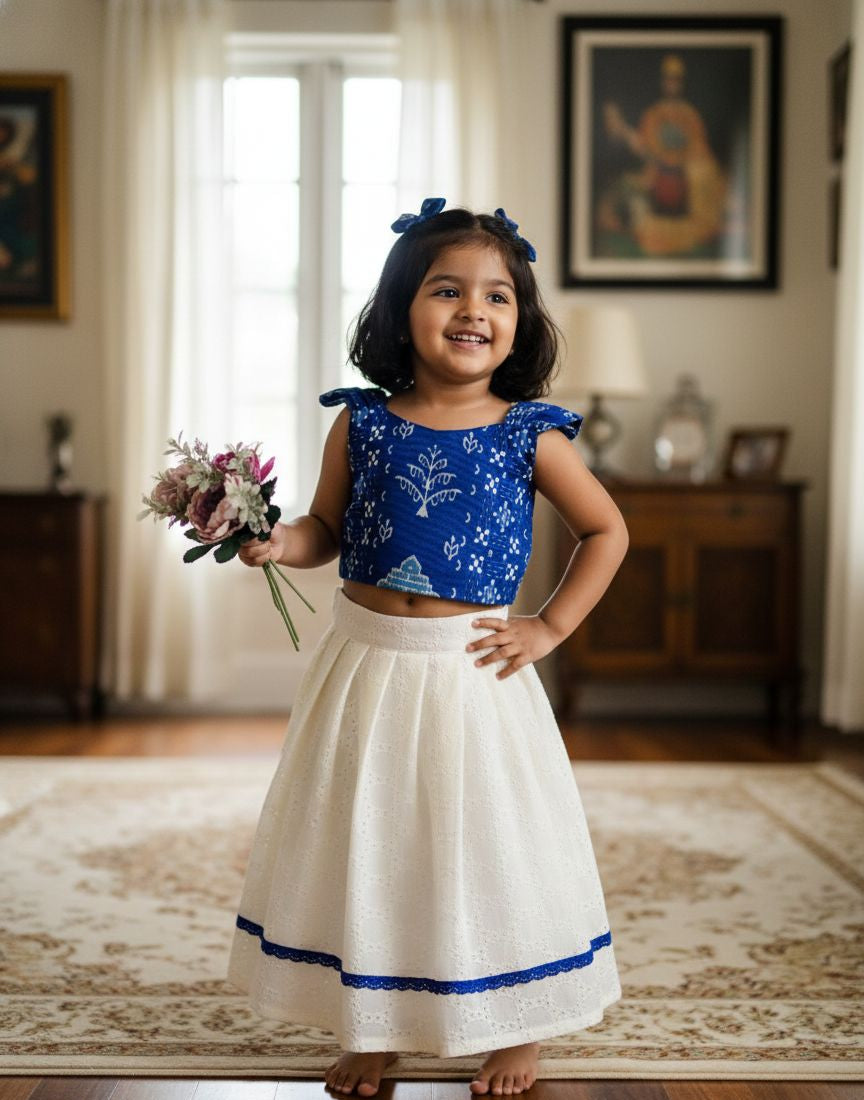 BABY BLOOM-CP085-BLUE PRINTED & HALFWHITE HAKOBA SKIRT SET