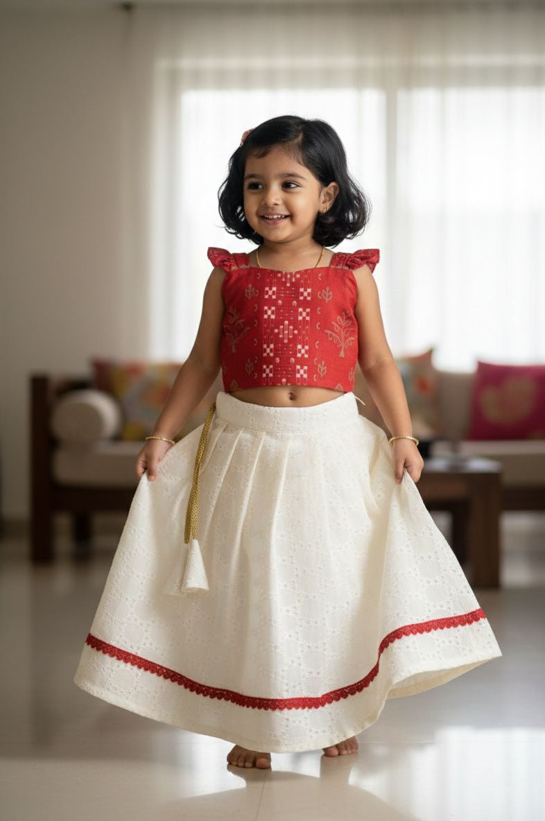 BABY BLOOM-CP084- RED PRINTED CROP TOP AND HALFWHITE HAKOBA SKIRT SET