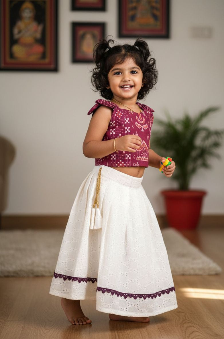 BABY BLOOM-CP086-MAROON PRINTED CROP TOP & HALFWHITE HAKOBA SKIRT SET