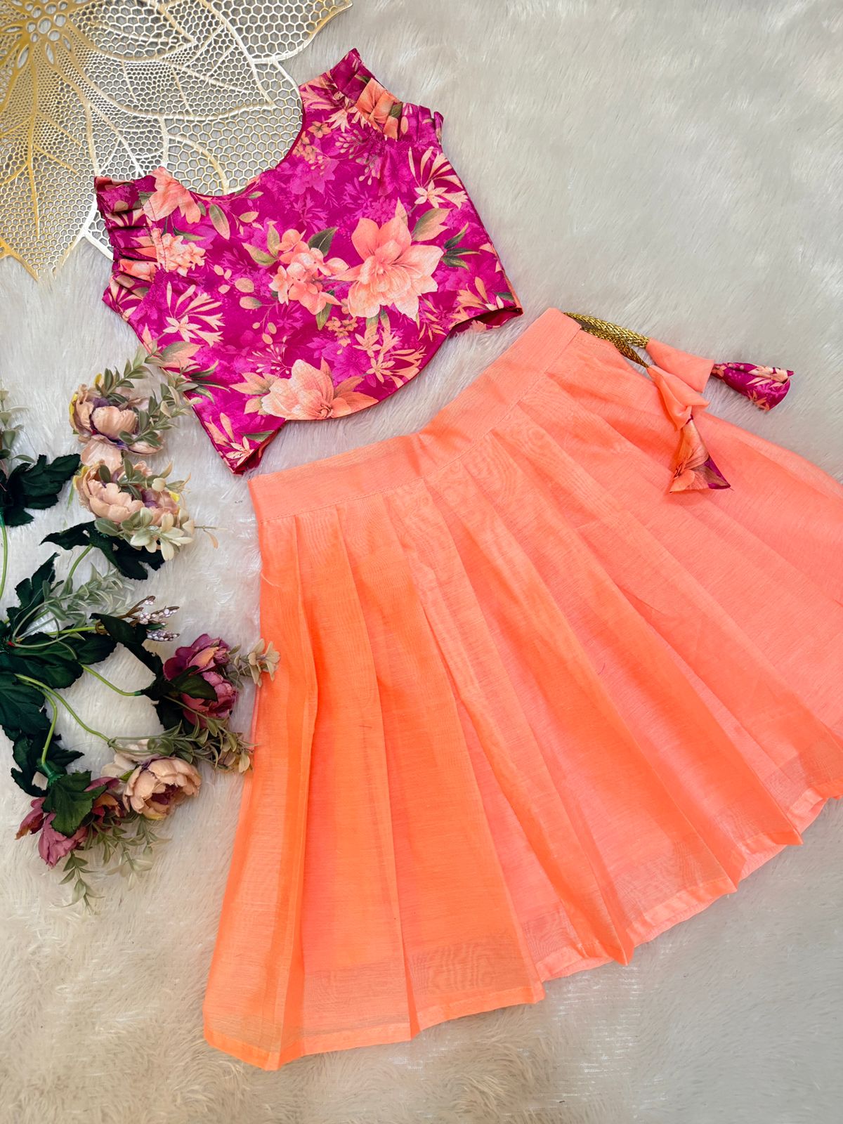 BABY BLOOM-CP089-HOT PINK FLORAL CROP TOP AND PEACH SKIRT
