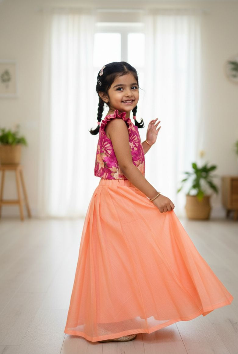 BABY BLOOM-CP089-HOT PINK FLORAL CROP TOP AND PEACH SKIRT