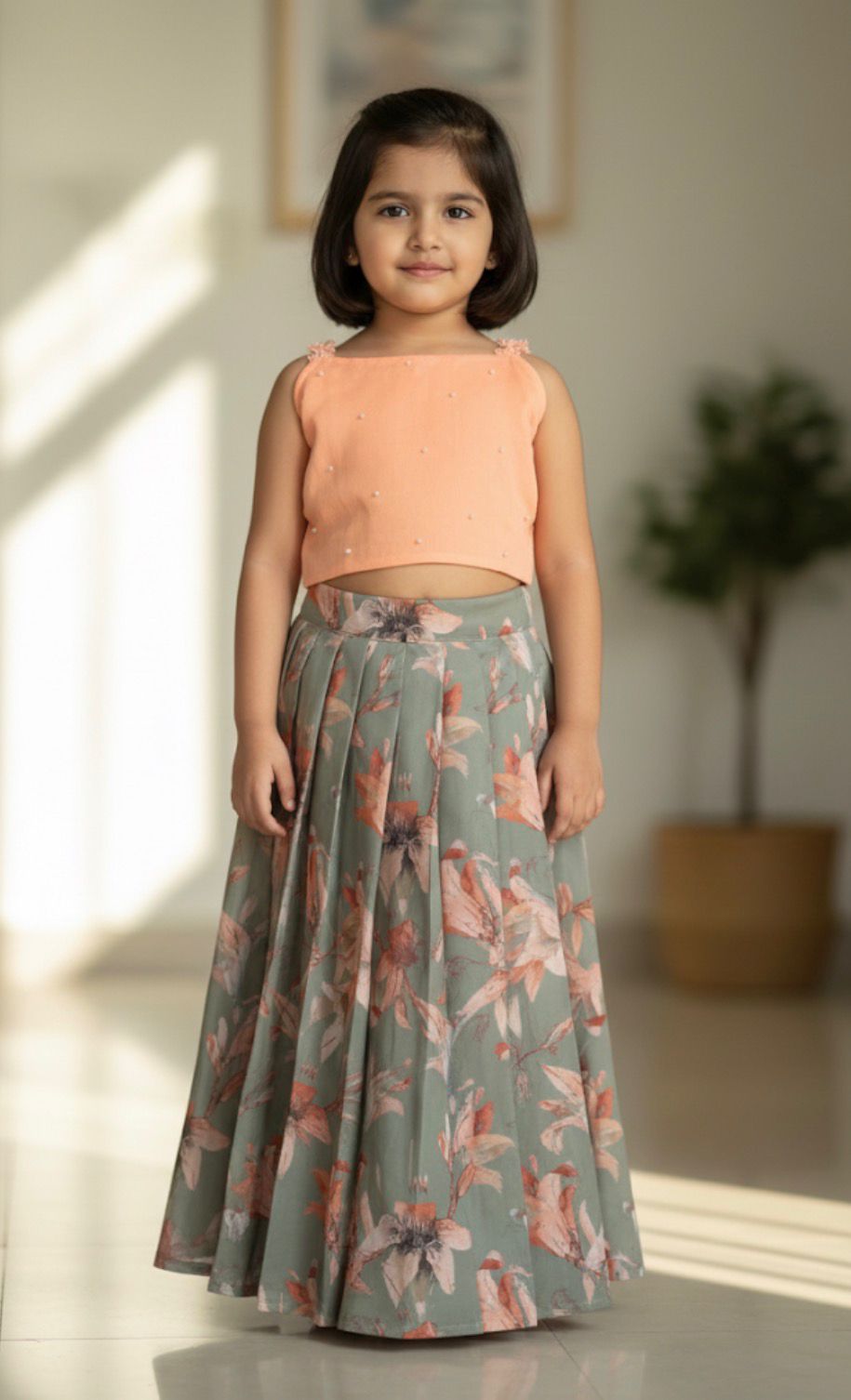 SUMMER CIRCUS-FS001 SAGE GREEN AND PEACH FLORAL SKIRT SET