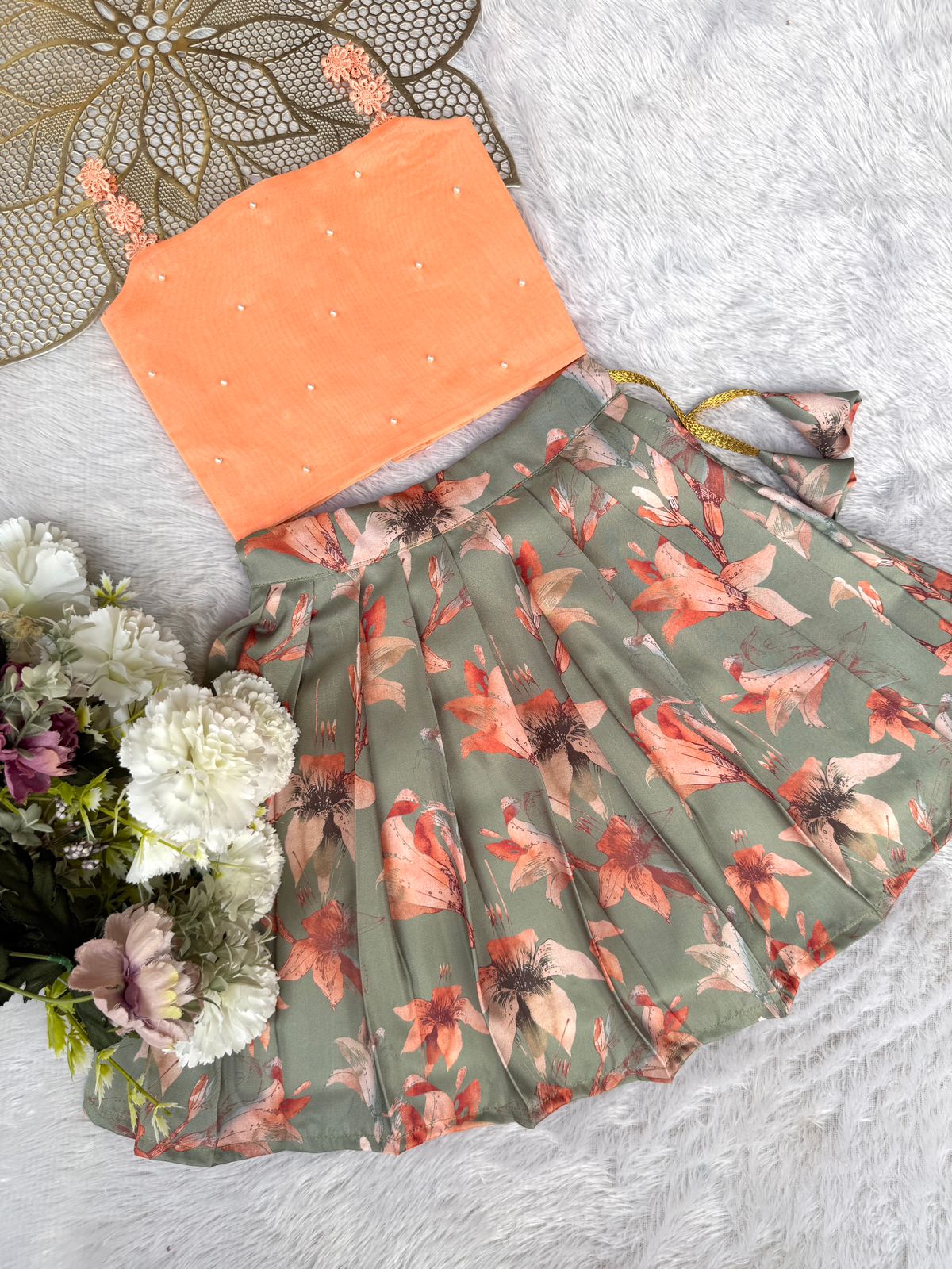 SUMMER CIRCUS-FS001 SAGE GREEN AND PEACH FLORAL SKIRT SET