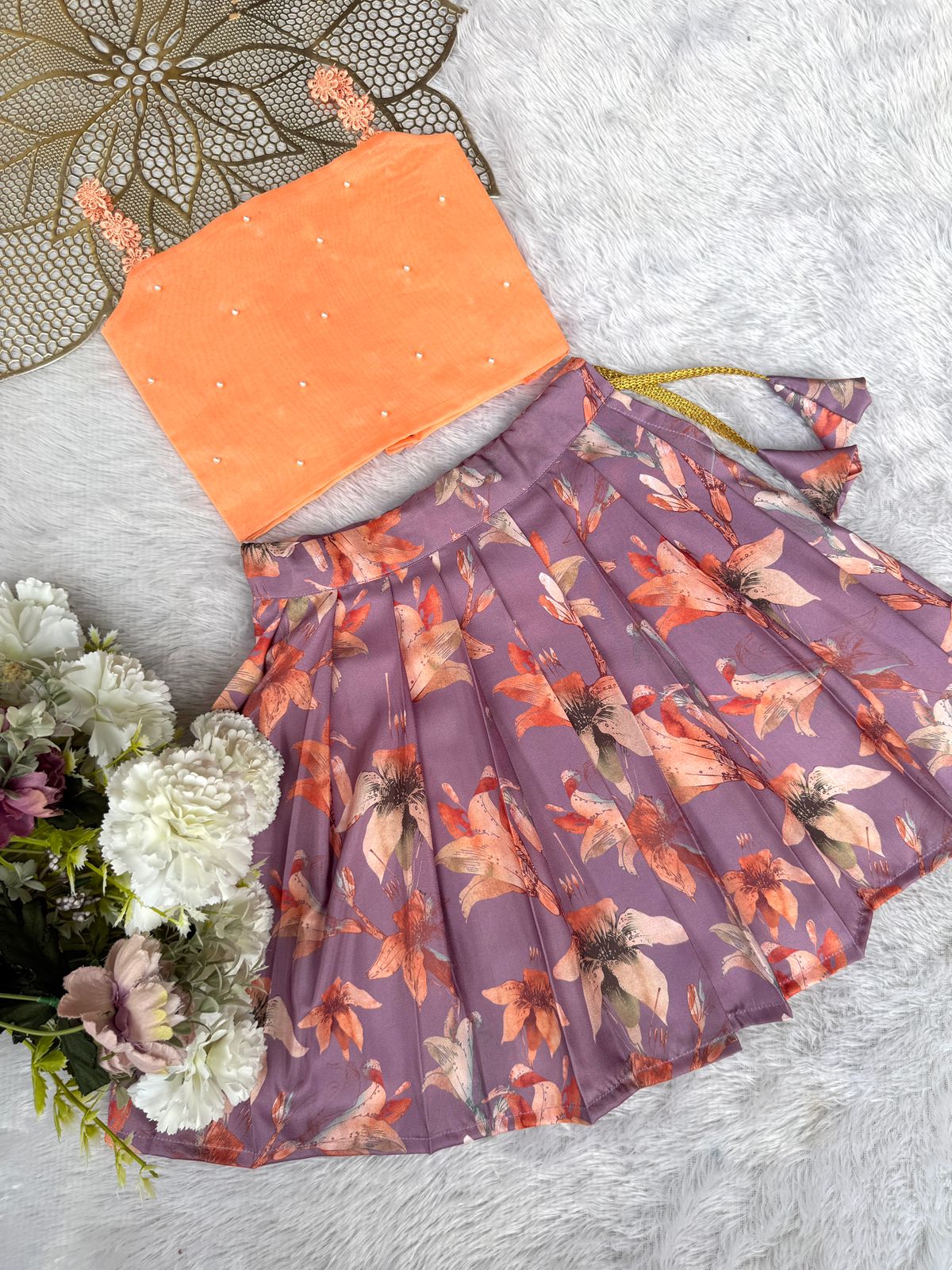 SUMMER CIRCUS-FS002 LAVENDER AND PEACH FLORAL SKIRT SET