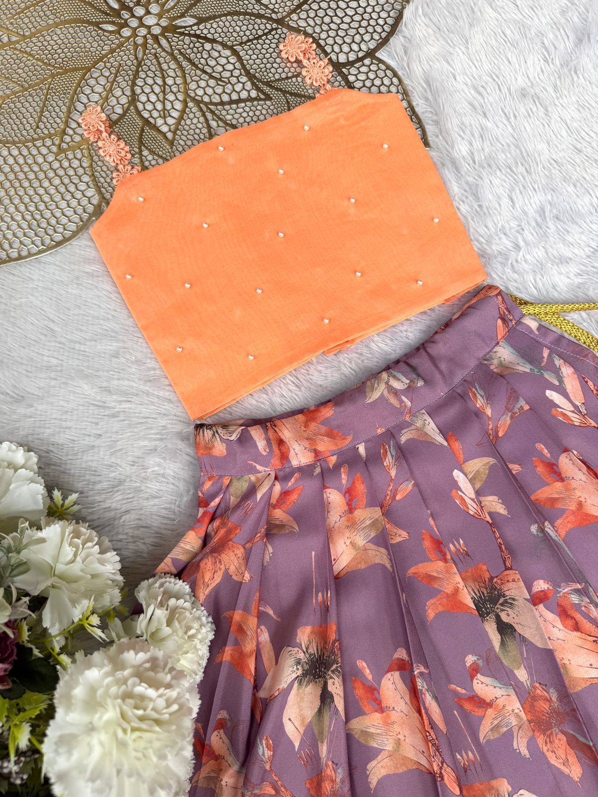 SUMMER CIRCUS-FS002 LAVENDER AND PEACH FLORAL SKIRT SET