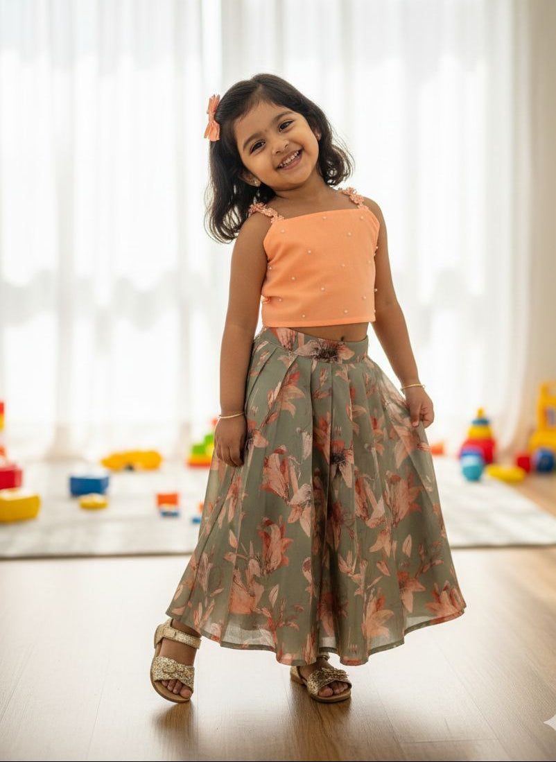 SUMMER CIRCUS-FS001 SAGE GREEN AND PEACH FLORAL SKIRT SET