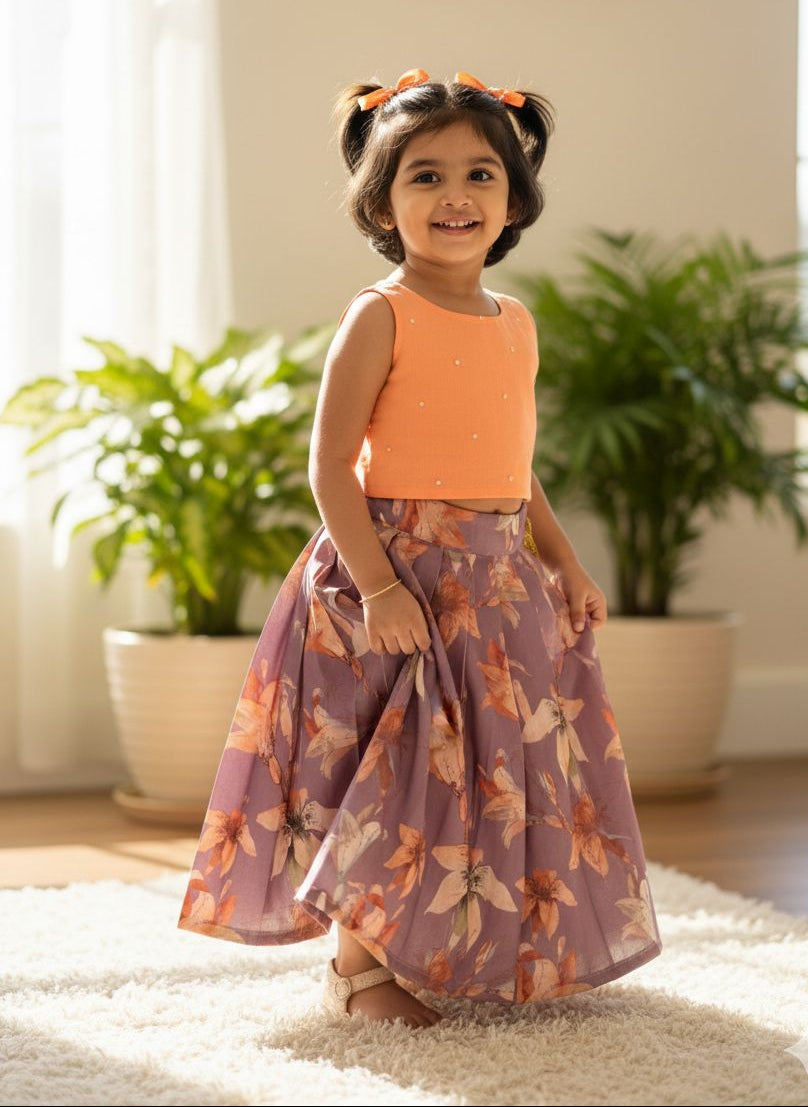 SUMMER CIRCUS-FS002 LAVENDER AND PEACH FLORAL SKIRT SET