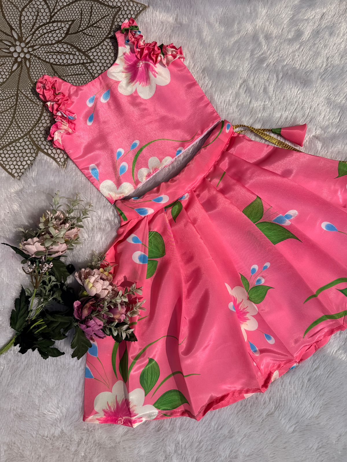 SUMMER CIRCUS-FS009 PINK FLORAL CHINON SKIRT SET