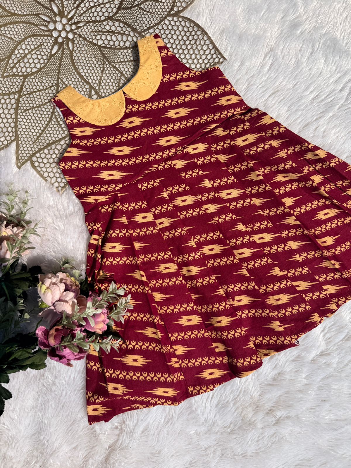 TINY DESI-FS011 MAROON IKKAT FROCK
