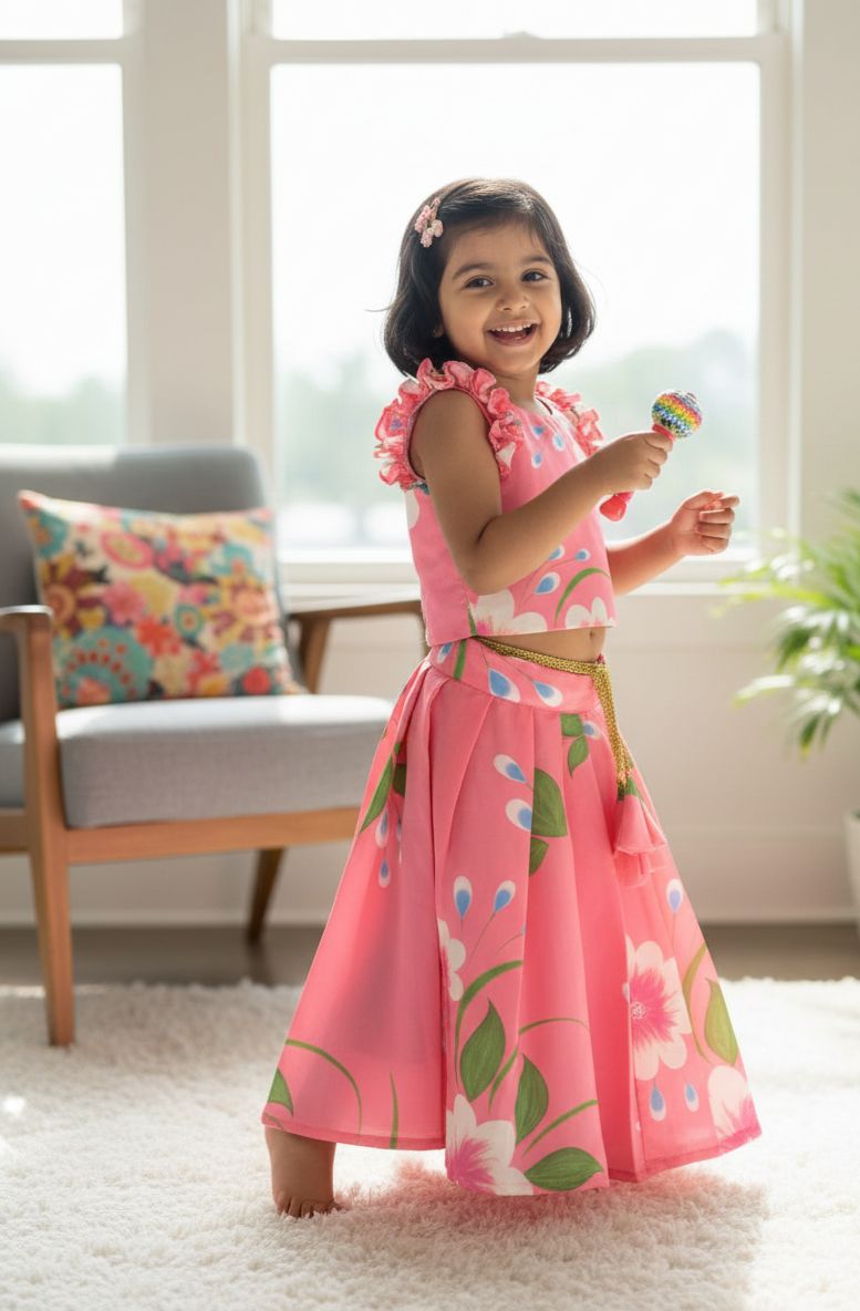 SUMMER CIRCUS-FS009 PINK FLORAL CHINON SKIRT SET