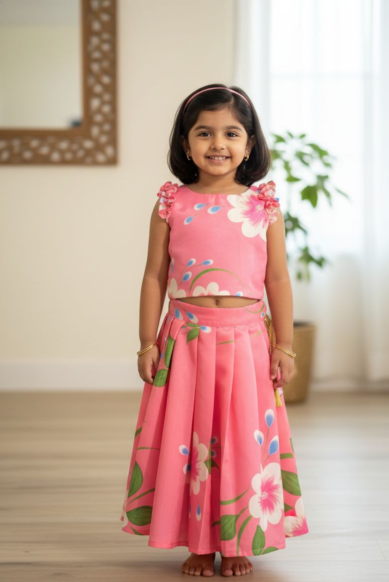 SUMMER CIRCUS-FS009 PINK FLORAL CHINON SKIRT SET