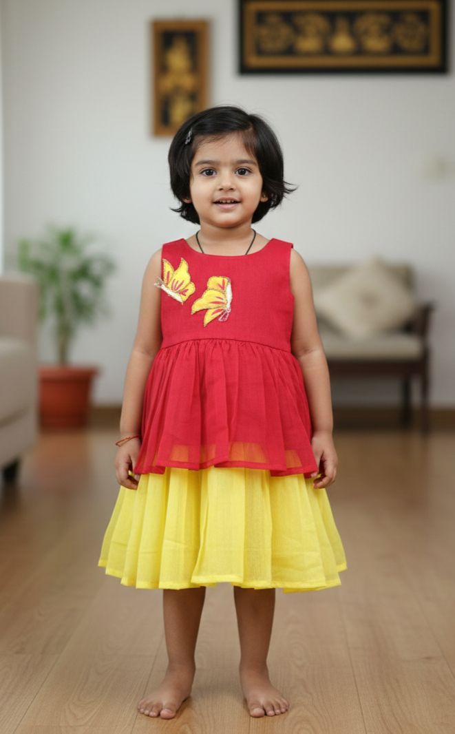 SMOCK DRESS-FS016 TOMATO PINK BUTTERFLY FROCK