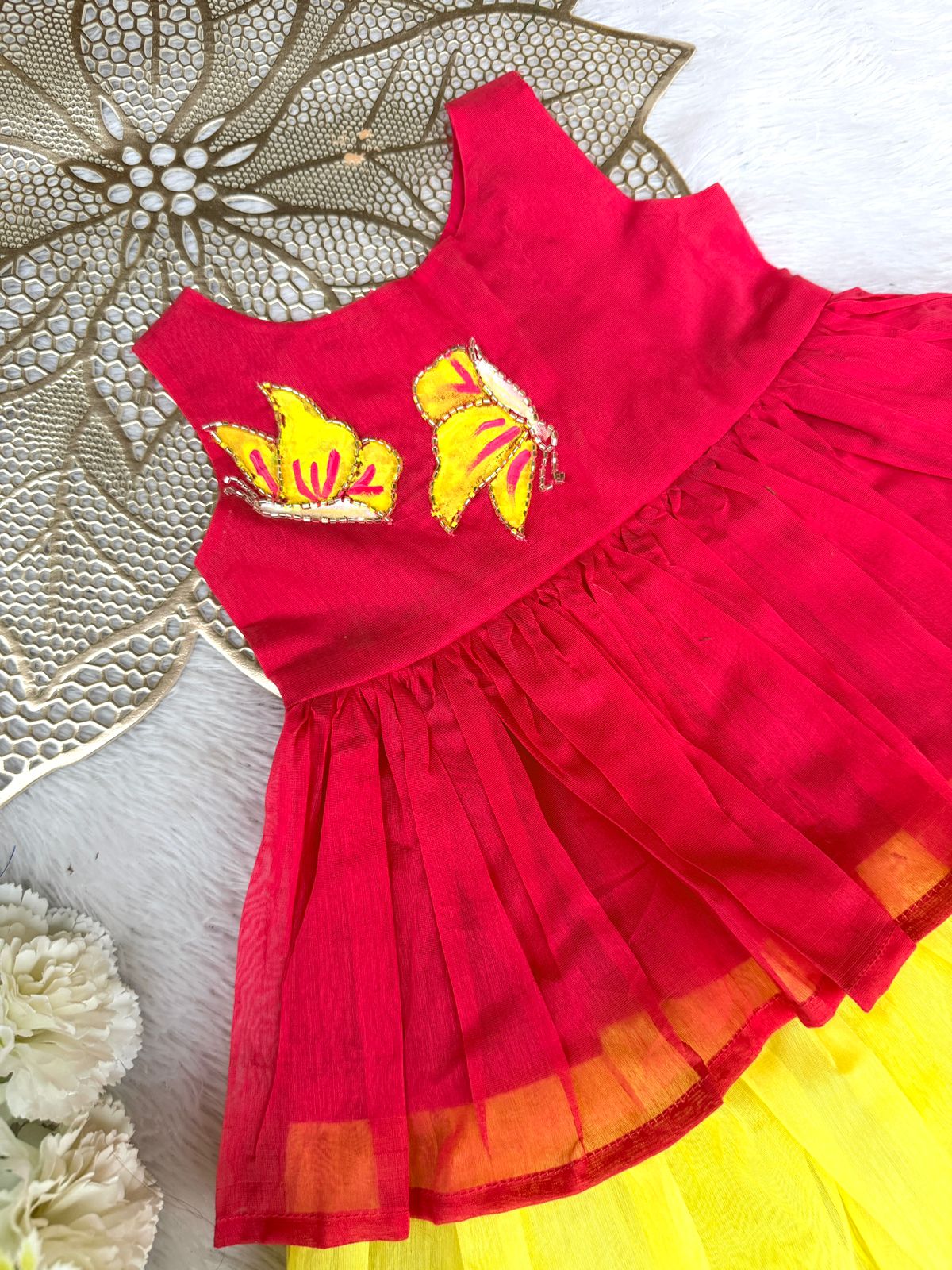 SMOCK DRESS-FS016 TOMATO PINK BUTTERFLY FROCK