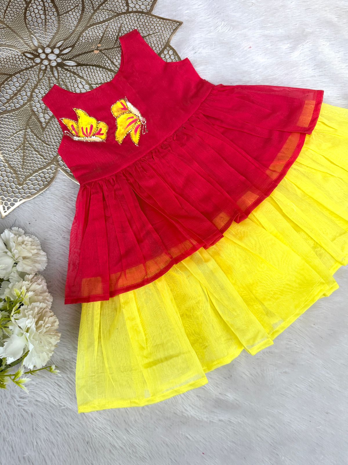 SMOCK DRESS-FS016 TOMATO PINK BUTTERFLY FROCK