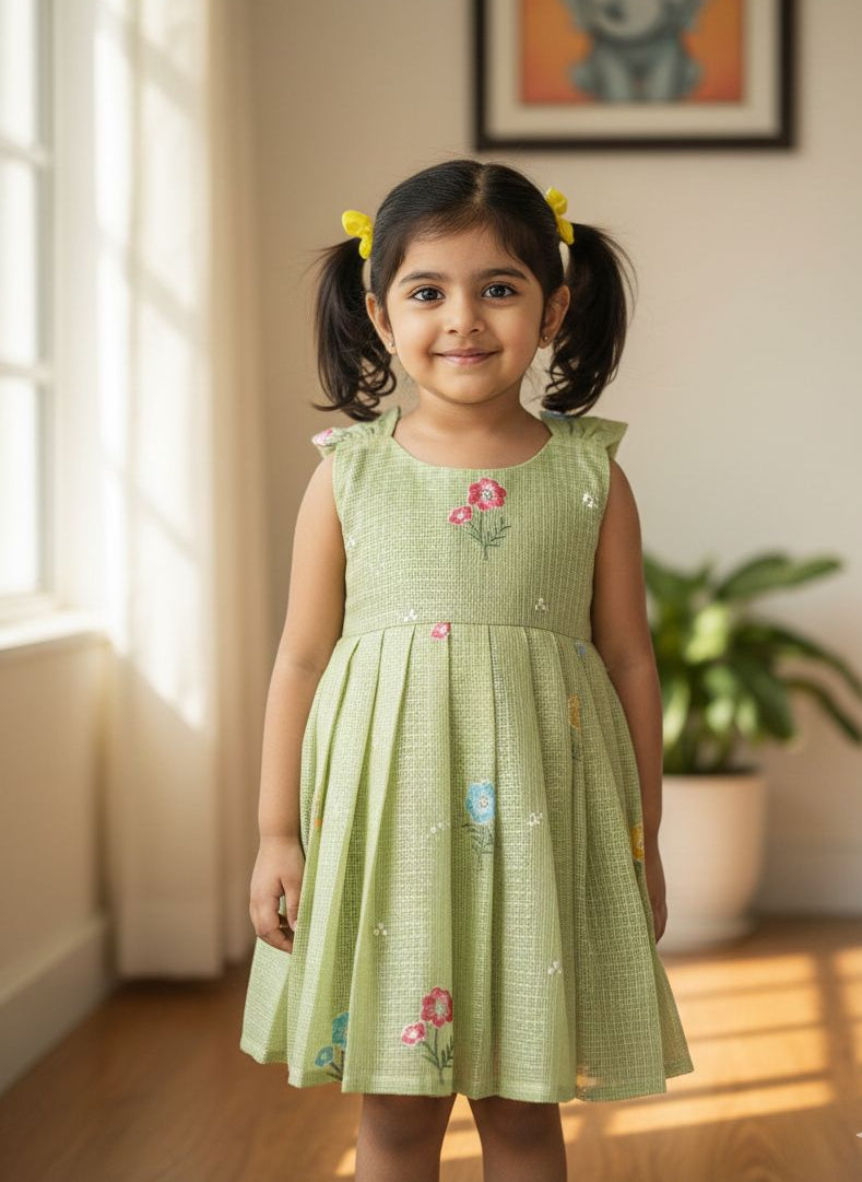 BUBBLY BLOSSOM -FS022- GREEN FLORAL KOTA DORIA FROCK