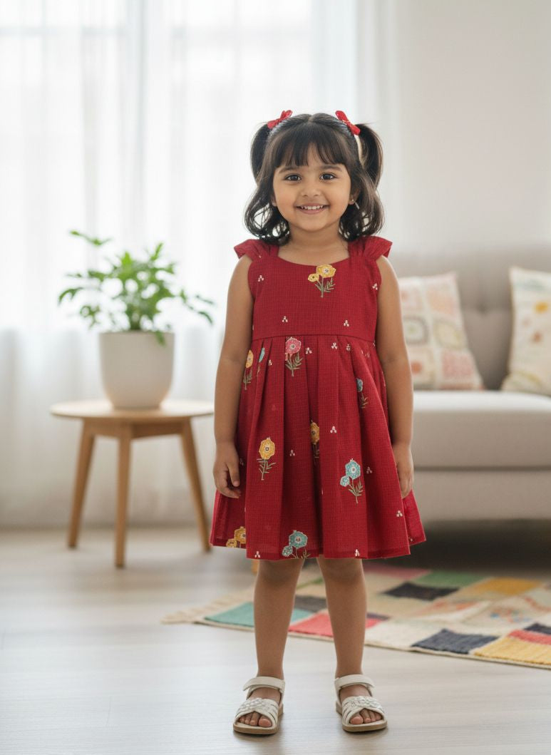 BUBBLY BLOSSOM -FS023- MAROON  FLORAL KOTA DORIA FROCK