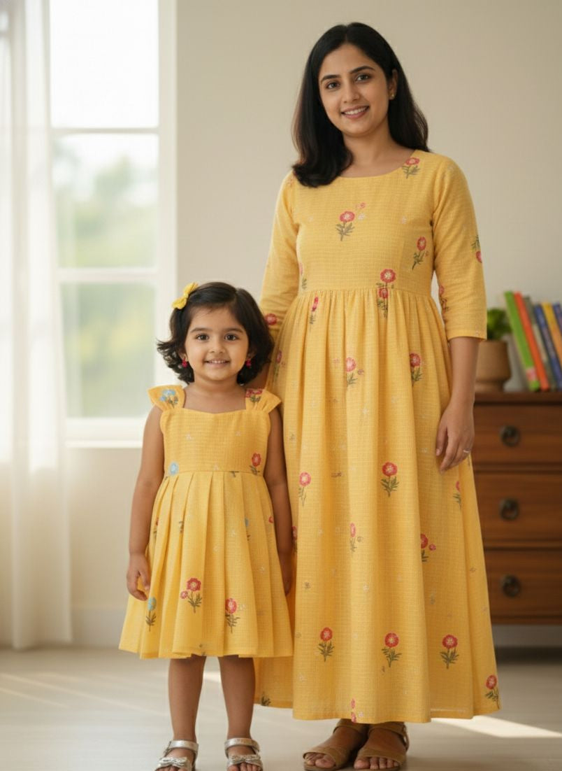 Bubbly Blossom - MD011 Kota Doria floral embroidered yellow dress