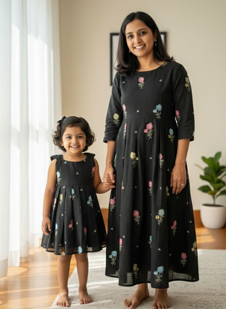 Bubbly Blossom - MD012 Kota Doria floral embroidered black dress