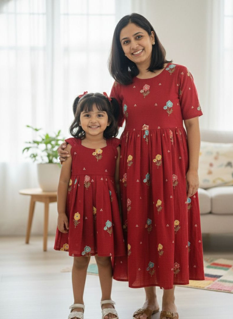 Bubbly Blossom - MD010 Kota Doria floral embroidered maroon dress
