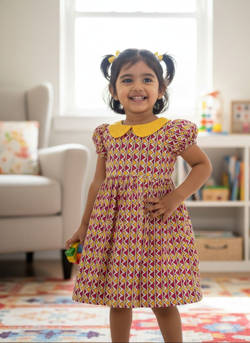 SUNBLUSH -FS028- YELLOW PINK PETERPAN COLLAR FROCK