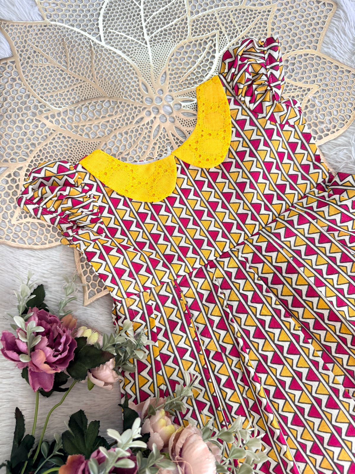 SUNBLUSH -FS028- YELLOW PINK PETERPAN COLLAR FROCK