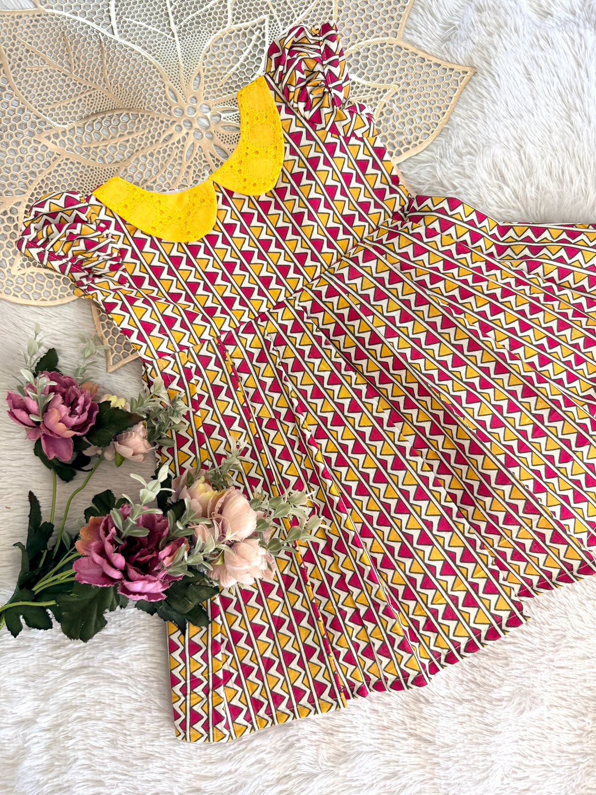SUNBLUSH -FS028- YELLOW PINK PETERPAN COLLAR FROCK