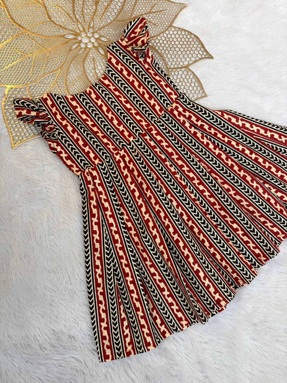 TINY DESI-FS045 AJRAKH MAROON STRIPE FROCK